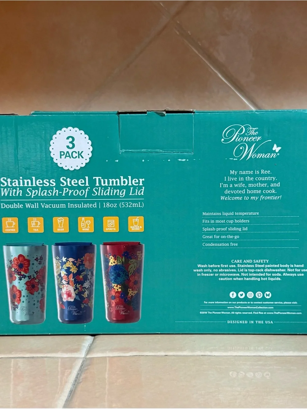 NIB The Pioneer Woman Turquoise & Navy Floral Stainless Steel Tumbler 3-Pack